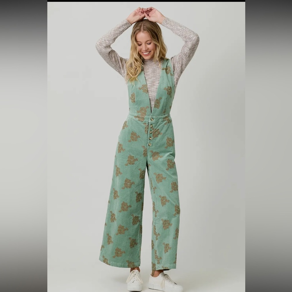 Seaforam green Christmas holiday embroidered flare wide leg jumpsuit overalls - Picture 2 of 9